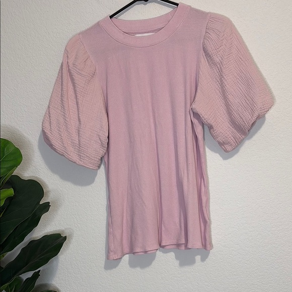 Dear John Relaxed Pink Puff Sleeve multi texture Blouse Medium - Picture 1 of 5